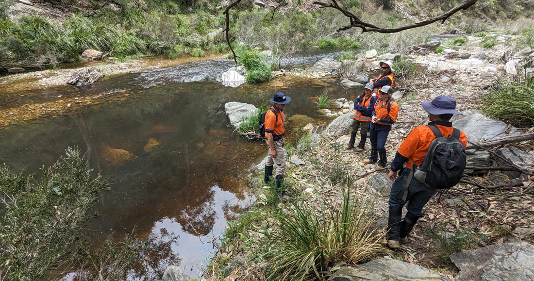 Five rangers gathered around edge of river