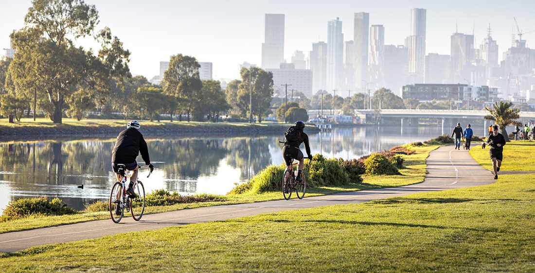 Cycling along the Maribyrnong River at Footscray Park