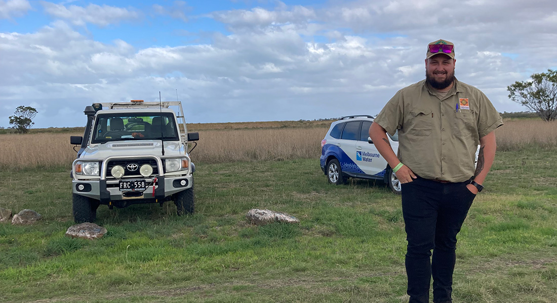 Wadawurrung Traditional Owner, Blair Gilson, working with Melbourne Water at Lake Borrie.]