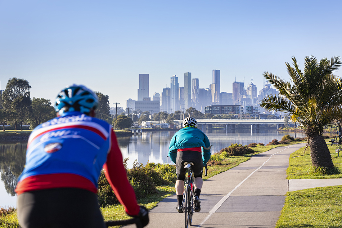 Cycling along Maribyrnong River at Footscray Park